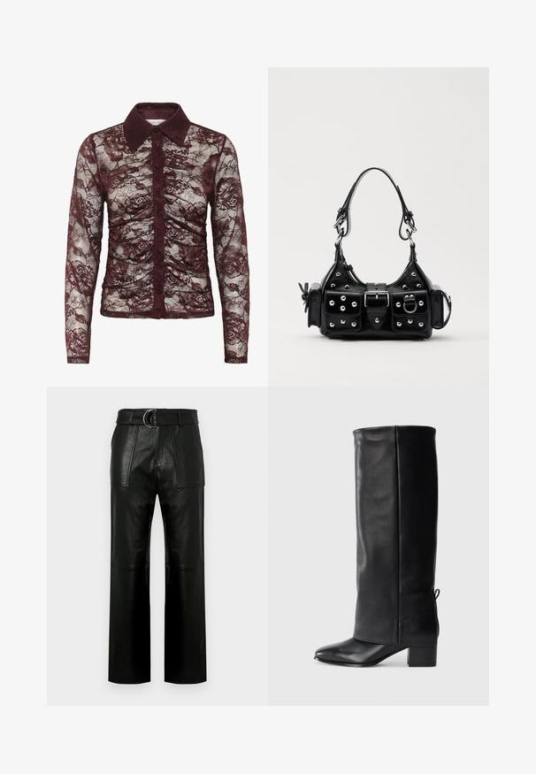 Blusa in pizzo bordeaux con maniche lunghe, dotata di colletto, chiusura con bottoni e motivo floreale con dettagli arricciati.; Pantaloni in pelle nera a vita alta con gambe ampie, grandi tasche anteriori a toppa e una cintura coordinata con fibbia a doppio anello.; Stivali neri in pelle al ginocchio con finitura liscia, punta quadrata, tacco a blocco e dettaglio con lacci laterali per una vestibilità regolabile.; Borsa a mano in pelle nera con design curvo, caratterizzata da borchie argentate, una fibbia e due tasche laterali. Tracolla regolabile per diverse opzioni di trasporto.