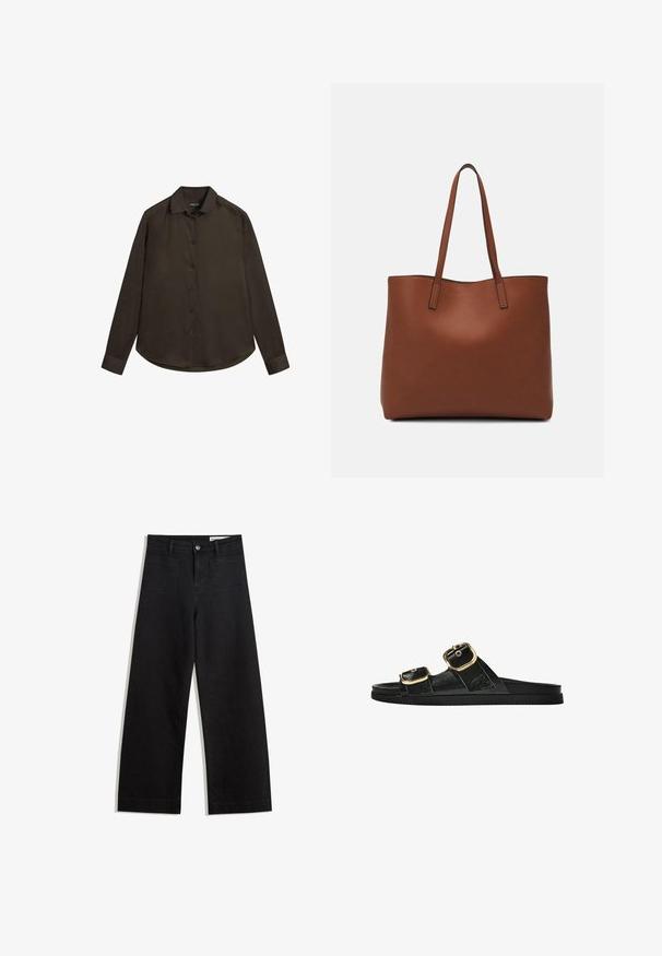 Braunes Langarm-Hemd mit Knopfleiste, klassischem Kragen, glatter Textur, abgerundetem Saum und dunklen Knöpfen. Hergestellt aus leichtem Stoff.; Schwarze weit geschnittene Jeans mit hoher Taille, ausgestattet mit Vorder- und Hintertaschen, gesteppten Nähten und einem Knopfverschluss. Glatte Textur.; Schwarze Riemensandale mit zwei goldenen Schnallendetails, glattem Material, flachem Sohlen und minimalistischer Gestaltung.; Braune Leder-Tote mit glatter Textur, offenem Oberteil und zwei Schulterriemen. Verfügt über minimale Nähte und keine sichtbaren Beschläge.