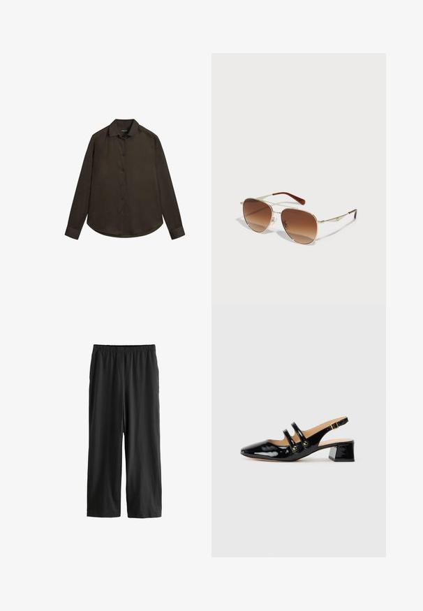 Brązowa koszula z długim rękawem, zapinana na guziki, z klasycznym kołnierzykiem, gładką teksturą, zaokrąglonym dołem i ciemnymi guzikami. Wykonana z lekkiego materiału.; Czarne, spodenki do kolan wykonane z lekkiego materiału. Elastyczny pas i gładka tekstura z prostym krojem. Bez widocznych detali czy wzorów.; Czarne lakierowane buty typu slingback z wystającym czubkiem, z dwoma paskami, złotymi okrągłymi akcentami i niskim blokowym obcasem.; Złote okulary przeciwsłoneczne w metalowej oprawie z gradientowymi brązowymi soczewkami. Charakteryzują się unikalnym geometrycznym kształtem i brązowymi akcentami na zausznikach. Lekka konstrukcja.; Czarna skórzana torebka na ramię z teksturowaną powierzchnią, złotym łańcuszkiem i małą metką. Posiada wyraźne logo z przodu.