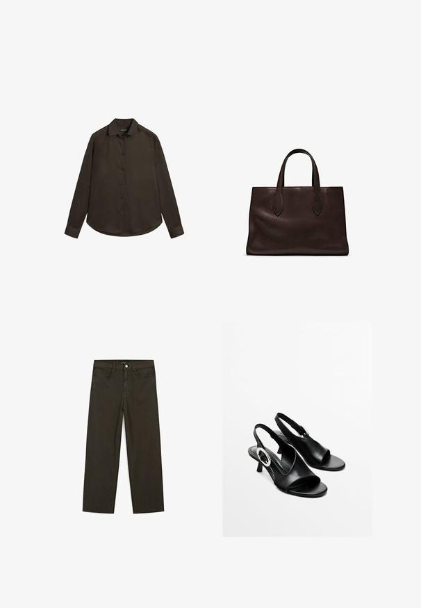 Long-sleeve brown button-up shirt with a classic collar, smooth texture, curved hem, and dark buttons. Made from lightweight fabric.; Dark green wide-leg jeans made of cotton blend, featuring a front button closure, five pockets, and classic denim stitching.; Black leather slingback sandals with an open toe, low heel, and silver circular hardware accent on the side. Smooth texture and simple design.; Brown leather tote bag with two elongated handles, structured rectangular shape, smooth texture, and subtle stitching details.