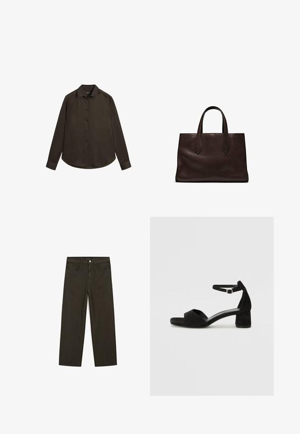 Long-sleeve brown button-up shirt with a classic collar, smooth texture, curved hem, and dark buttons. Made from lightweight fabric.; Dark green wide-leg jeans made of cotton blend, featuring a front button closure, five pockets, and classic denim stitching.; Black suede heeled sandals with a thin ankle strap, open toe design, and a modest block heel. Smooth texture and minimal accents.; Brown leather tote bag with two elongated handles, structured rectangular shape, smooth texture, and subtle stitching details.