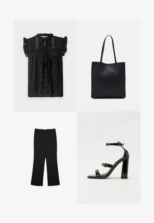Črna bluzica s kratkimi rokavi, z nabranim ovratnikom, čipkastimi detajli in resicami. Ponaša se z vezenimi vzorci in teksturirano tkanino.; Črne hlače ravnega kroja z naglavnimi žepi in stranskimi razporki na robu. Narejene iz mehke, gladke tkanine. Primerne za različne priložnosti.; Črne lakirane sandale s peto, kvadratnim prstom, trakovi okrog gležnja in srebrnimi zaponkami. Opremljene so s stabilno Debelo peto.; Črna usnjena torba s svilnato teksturo, pravokotne oblike in dvema dolgima ročajema. Brez vidnih metalnih delov ali okrasnih elementov.