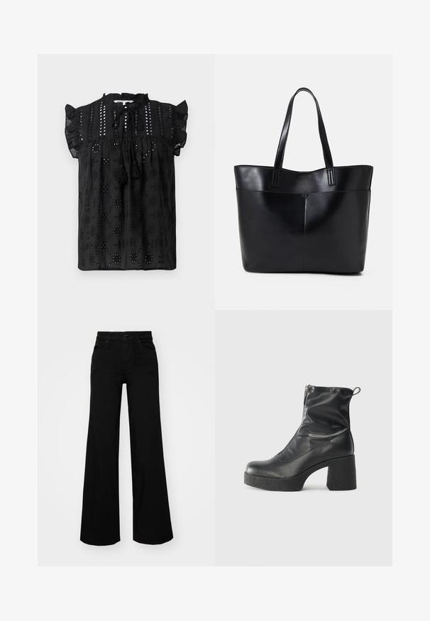 Blusa nera a maniche corte con scollo arricciato, dettagli in pizzo e accenti con frange. Presenta motivi ricamati e tessuto texturizzato.; Pantaloni neri a gamba larga in denim, con una vita strutturata, passanti per la cintura e tasche frontali. Texture liscia con un design classico.; Stivali neri alla caviglia in pelle liscia, con zip laterale, tacco spesso e texture, e punta arrotondata.; Borsa a tracolla in pelle nera con due manici lunghi, una texture liscia e una forma strutturata. Presenta una tasca frontale per ulteriore spazio di archiviazione.