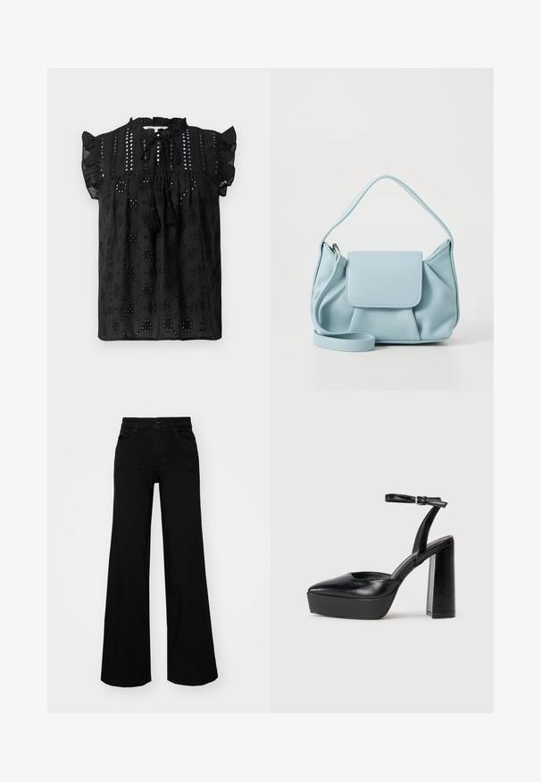 Musta, lyhythihainen paita, jossa on kerätty pääntie, pitsikoristelut ja tupsukoristeet. Ominaisuutena brodeeratut kuviot ja teksturoitu kangas.; Musta leveälahkeinen farkkupanta, jossa on rakenteellinen vyötärö, vyölenkit ja etutaskut. Sujuva rakenne klassisella muotoilulla.; Mustat korkeat platform-kengät, joissa on terävä kärki ja säädettävä nilkkaremmi. Valmistettu sileästä nahasta ja varustettu paksulla lohkokorkeudella.; Vaaleansininen nahkakäsilaukku, jossa on yläkahva, etutasku kannella ja irrotettava rannetuki valkoista taustaa vasten.