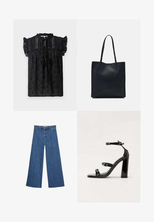 Schwarze Bluse mit kurzen Ärmeln, gerafftem Ausschnitt, Spitzenverzierungen und Quastenakzenten. Verfügt über bestickte Muster und strukturierter Stoff.; Weite Jeans aus Denim in Mittelblau, mit hoher Taille, Knopfverschluss und kontrastierenden vertikalen Nahtdetails an der Vorderseite.; Schwarze patentierte Sandalen mit Absatz, quadratischer Spitze, Knöchelriemen und silbernen Schnallen. Mit einem stabilen Blockabsatz für mehr Stabilität.; Schwarze Laptoptasche aus Leder mit glatter Textur, rechteckiger Form und zwei langen Griffen. Keine sichtbaren Beschläge oder Verzierungen.