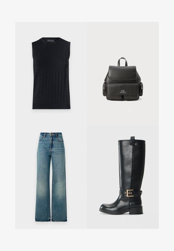 Maglione senza maniche nero con un motivo a diamante testurizzato, colletto e orlo a costine, realizzato in un morbido materiale a maglia.; Jeans in denim azzurro chiaro a gamba larga presentano un alto punto vita, cinque tasche e orli leggermente sfilacciati, evidenziando una finitura testurizzata e scolorita.; Stivale in pelle nera al ginocchio con tacco basso a blocco, cinturino decorativo con fibbia dorata attorno alla caviglia e linguetta nella parte superiore.; Zaino in pelle nera con chiusura a pattina, tasca frontale, scomparti laterali con cerniera e manico superiore. Presenta dettagli con logo sul fronte.