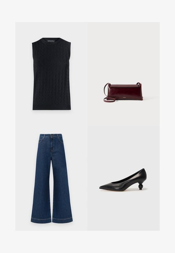 Schwarzer ärmelloser Pullover mit einem strukturierten Diamantmuster, geripptem Kragen und Saum, aus einem weichen Strickmaterial gefertigt.; Weite blaue Jeans aus Denim mit hoher Taille, ausgestattet mit einem Knopfverschluss, Gürtelschlaufen und dezenten Stichdetails an den Taschen und Säumen.; Schwarze Leder-Pumps mit spitzem Zehenbereich und runder, ballförmiger Ferse. Glatte Textur mit einem eleganten, minimalistischen Design.; Burgunderfarbene Leder-Umhängetasche mit glatter Textur, rechteckiger Form, Klappenverschluss und einem dünnen, verstellbaren Trageriemen. Sichtbares goldfarbenes Logodesign.