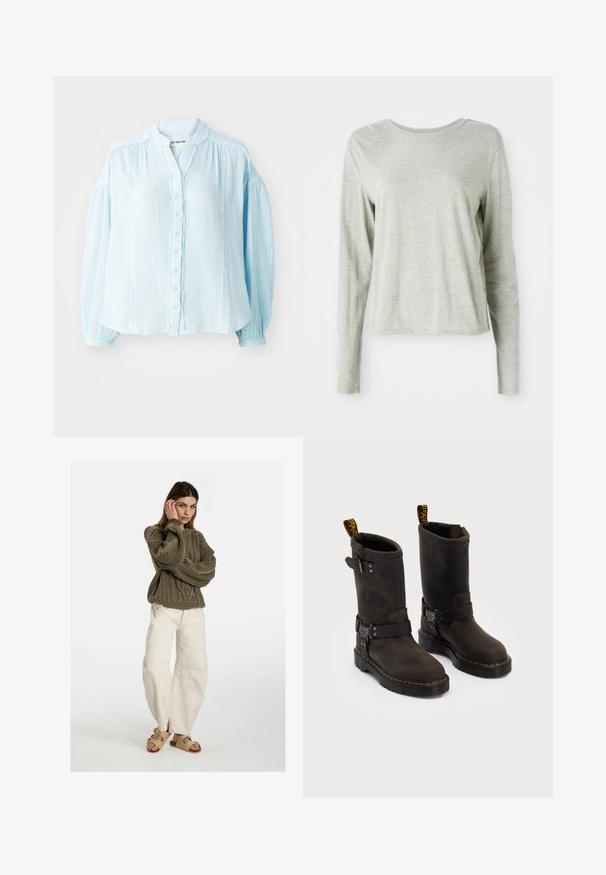 Light blue button-up shirt, textured fabric, round neckline, long puff sleeves, ruffled details along the button placket and cuffs.; Light gray long-sleeve shirt made of soft fabric, featuring a round neckline and a relaxed fit. Seam details along the sides.; Free People GOOD LUCK MID RISE BARREL - Relaxed fit jeans - beige; Dark brown leather boots with a mid-calf design, yellow stitching, adjustable buckle straps, and pull tabs on the top. Textured finish.