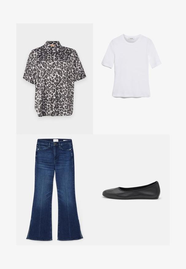 Kortermet skjorte i et svart og hvitt leopardmønster, med krage og en løs passform. Glatt stoff med en subtil glans.; Hvit kortermet t-skjorte laget av ribbestrikket materiale. Rund hals, vanlig passform og subtile sømdetaljer. Ingen mønstre eller grafikk.; Mørkeblå flagrende jeans laget av denim. Har høy midje, frontlommer og splittdetaljer ved kanten. Klassisk femlommers design.; Svart skinnballettflatt med rund tå, glatt tekstur, minimal sømdetalj, og et fleksibelt såledesign.