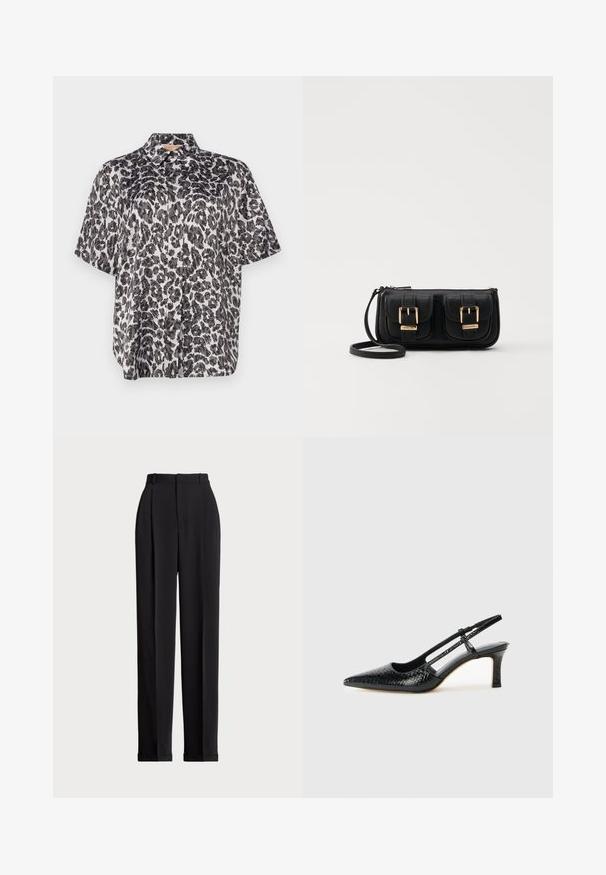 Short-sleeve shirt in a black and white leopard print pattern, featuring a collar and a loose fit. Smooth fabric with a subtle sheen.; Black tailored trousers with a high waist, featuring pleats at the front, a straight leg design, and a cuffed hem. Made from smooth fabric.; Black patent slingback heel with a pointed toe, featuring textured snake print, adjustable strap, and a short, textured block heel.; Black leather crossbody bag with two front pockets, gold buckles, zipper closure, and a slim strap. Textured surface and compact rectangular shape.