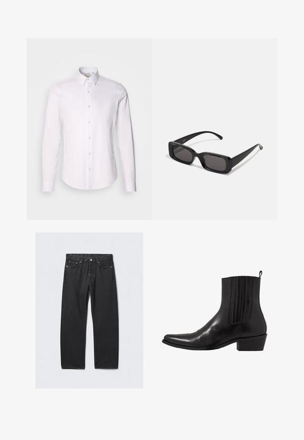 Chemise blanche à manches longues en tissu lisse avec un col boutonné, présentant un plastron entièrement boutonné et un ourlet arrondi.; Jeans en denim noir avec une coupe droite, dotés d'un bouton d'ouverture, de cinq poches et d'accents en métal cuivré. Texture lisse.; Bottine noire en cuir avec un bout pointu, des panneaux latéraux élastiques, des accents de coutures verticales et un petit talon bloc.; Lunettes de soleil noires rectangulaires avec des verres foncés, finition brillante, larges branches et un design de monture épaisse. Nom de marque gravé sur une branche.