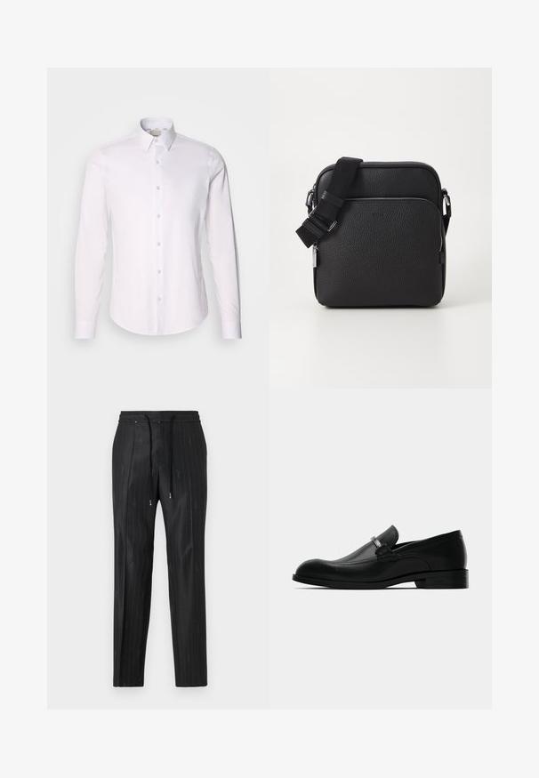Bela srajca z dolgimi rokavi, izdelana iz gladkega blaga, z ovratnikom na gumbe, ki ima celotni gumbni placket in zaobljen rob.; Črne hlače s pinstripi, izdelane iz gladkega blaga, z udobnim elastičnim pasom in dodatkom za vezanje. Imajo diskretne logotipne detajle.; Črni usnjeni moški loafers s kovinsko zaponko, nizko peto in blagovno znamko na podplatu, prikazani s strani na beli podlagi.; Črna usnjena torbica prek telesa z teksturirano površino, ki vključuje sprednjo žepno zadrgo, nastavljiv trak in kovinske okrasne detajle.