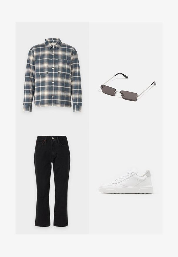 Katoenen flanellen shirt met een blauw-witte geruite patroon, met een puntige kraag, knoopsluiting en twee voorzakken.; Zwarte denim jeans met een rechte pasvorm, vijf zakken en metalen hardware met koperen accenten. Gladde textuur en een gemiddelde taillehoogte.; Witte leren sneakers met een gladde afwerking, ronde neus, platte veters en een gestructureerde zool. Grijze suède accent bij de hiel.; Zonnebril met rechthoekige, donkergrijze lenzen, zilveren metalen frames en zwarte kunststof uiteinden op de armen. Lichtgewicht ontwerp met neuspads.