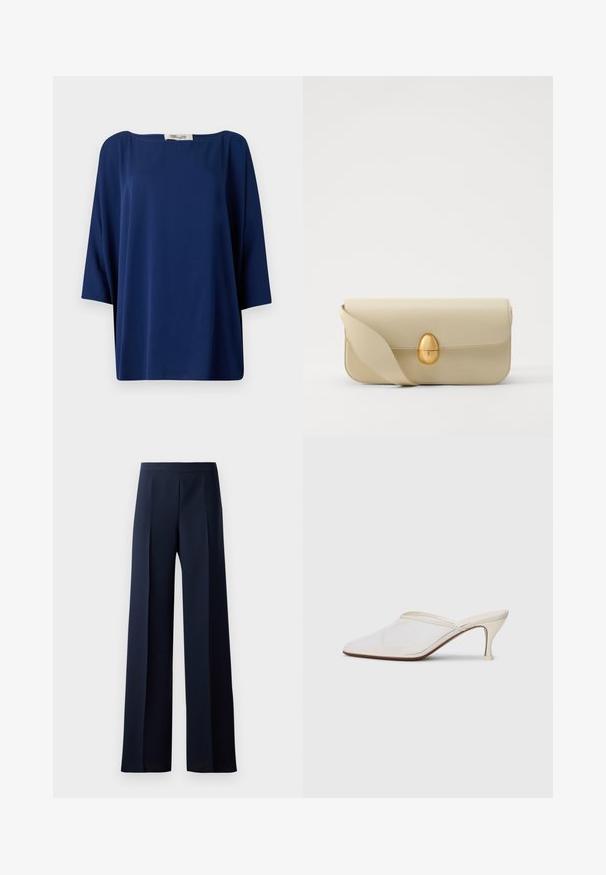 Navy blue loose-fitting top with a wide neckline and half sleeves, featuring a smooth texture and minimalist design.; Wide-leg trousers in dark navy fabric, featuring a smooth texture, subtle front pleats, and a fitted waistband for a streamlined silhouette.; White mesh pointed-toe mule with a slim mid-height heel and slip-on design against a plain background.; Beige leather handbag with a smooth texture, rectangular shape, and a golden oval clasp. Features a long, adjustable strap.