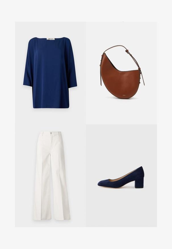 Námornícky modré voľné tričko s širokým výstrihom a polovičnými rukávmi, s hladkou textúrou a minimalistickým dizajnom.; Biele široké nohavice vyrobené z bavlny s hladkou textúrou. Obsahujú predný gombík, zips a dizajn so štyrmi vreckami.; Námořnické modré semišové lodičky s špičatou špičkou a středním blokovým podpatkem. Hladká textura s jemným leskem a malým výstřihem vpředu.; Hnedá kožená taška na rameno v mesiaci tvaru, s úzkym hnedým popruhom a subtílnymi zlatými kovovými akcentmi. Má hladkú štruktúru a minimálne šitie.