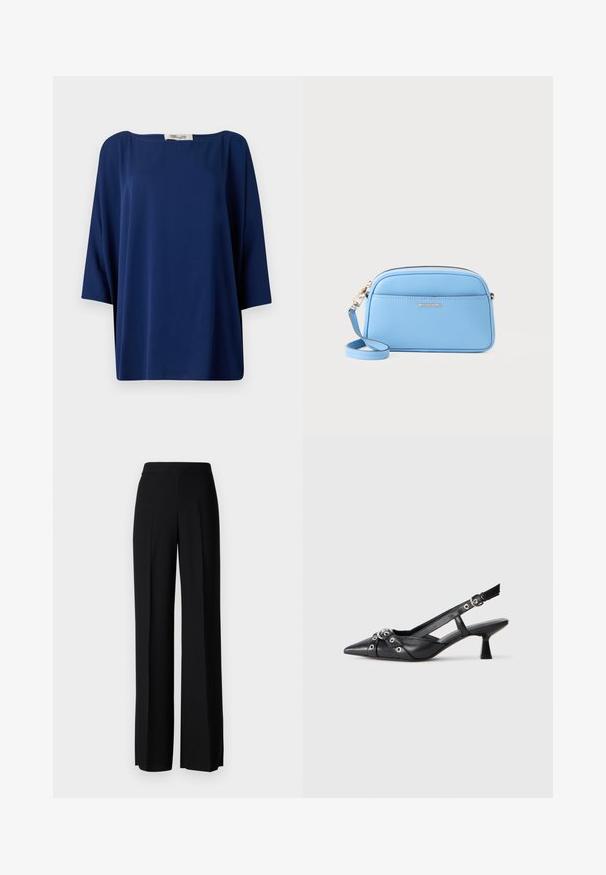 Nautičkoplava, labavo krojena majica s širokim izrezom i polu rukavima, koja se odlikuje glatkom teksturom i minimalističkim dizajnom.; Crne široke hlače s glatkom teksturom, s visokim strukom i središnjim pregibima. Nema vidljivih uzoraka ili hardverskih detalja.; Crne kožne cipele s remenom oko pete, s izduženim vrhom, dekorativnim trakama s metalnim rupama i niskom blok petom. Teksturirana površina.; Svijetloplava kožna torba preko tijela s zlatnim detaljima, zatvaranjem na zip i prednjim džepom. Ima podesivu naramenicu za praktičnost.
