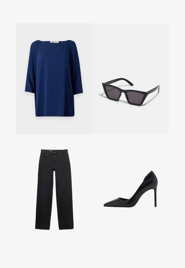 Námornícky modré voľné tričko s širokým výstrihom a polovičnými rukávmi, s hladkou textúrou a minimalistickým dizajnom.; Čierne široké džínsy vyrobené z denimového materiálu, s piatimi vreckami, zatvorením na gombík, jemným prešívaním a rovnom strihom od pásu po lem.; Mango Obuv na vysokom opätku - black; Čierne, ostré slnečné okuliare so sivými sklami; vyrobené z plastu, majú hrubé ramená s hladkým povrchom a bez viditeľnej mechaniky.