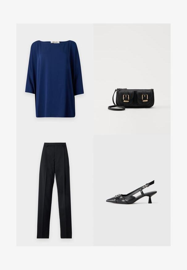 Marineblå løs top med bred udskæring og halværmer, der har en glat tekstur og minimalistisk design.; Sorte bukser lavet af glat stof, der har høj talje, brede ben, frontfolder og klassiske bælteløkker. Ingen synlige sidelommer.; Sort lædersandal med spids tå, dekorative stropper med metaløjer og en lav blokhæl. Struktureret overflade.; Sort læder crossbody taske med to frontlommer, guldspænder, lynlåslukning og en slank rem. Struktureret overflade og kompakt rektangulær form.