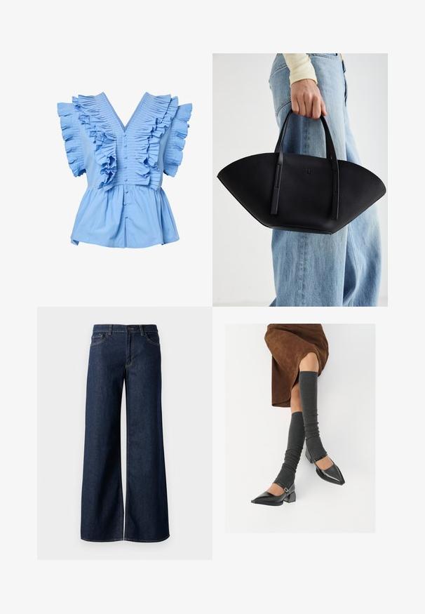 Blusa de manga corta azul claro con cuello en V, botones en el frente, amplios volantes pliegues en los hombros y el pecho, y una cintura peplum fruncida.; Jeans de pierna ancha en denim azul oscuro. Presenta costuras en contraste, cinco bolsillos y un cierre de botón en la cintura. Textura suave.; Zapatos de charol negros con punta afilada, tacón bloque y tira de tobillo, combinados con calentadores de piernas de canalé grises y una falda de ante marrón.; Bolso de mano de cuero negro con una forma de abanico única, que cuenta con asas planas. La superficie tiene una textura de grano y un diseño minimalista.