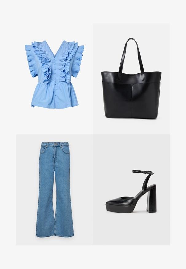 Svetlo modra kratka bluzica s kratkimi rokavi in V-izrezom, sprednjimi gumbi, širokimi nabranimi volančki na ramenih in prsih ter nabranim pasom.; Svetlo modri razširjeni džins hlače iz denima, z visokim pasom, petimi žepi in enim gumbom za zapiranje. Mehka tekstura z blagim zbledelim videzom.; Črne platforme z visokimi petami in koničastim nosom ter nastavljivim gležnjenjskim trakom. Narejene iz gladke usnje, s kockasto peto.; Črna usnjena torba z dvema dolgima ročajema, gladko teksturo in strukturirano obliko. Ima sprednji žep za dodatno shranjevanje.