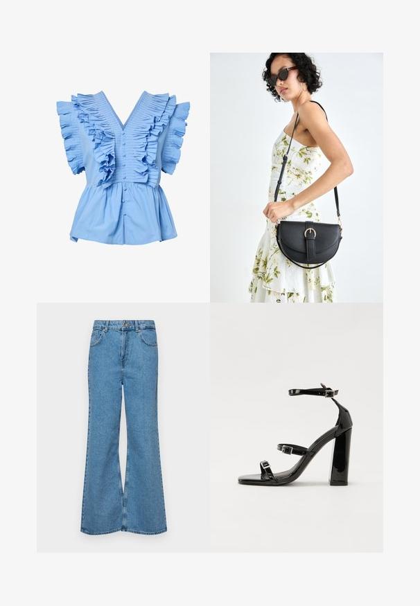 Világoskék, rövid ujjú blúz V-kivágással, elülső gombokkal, széles, plisszírozott fodrokkal a vállakon és a mellrészen, valamint ráncolt peplum derékkal.; Világoskék, trapézszárú farmernadrág, magas derékkal, öt zsebbel és egy gombos záródással. Puha tapintású, magasított effektusú anyag.; Fekete lakk magas sarkú szandál négyzet alakú orral, bokapántokkal és ezüst csatokat tartalmaz. Masszív blokk sarka a stabilitásért felel.; Fekete bőrtáska ívelt formával, levehető pánttal és arany színű fémrészekkel. A táskán egy csattal díszített fedél található.