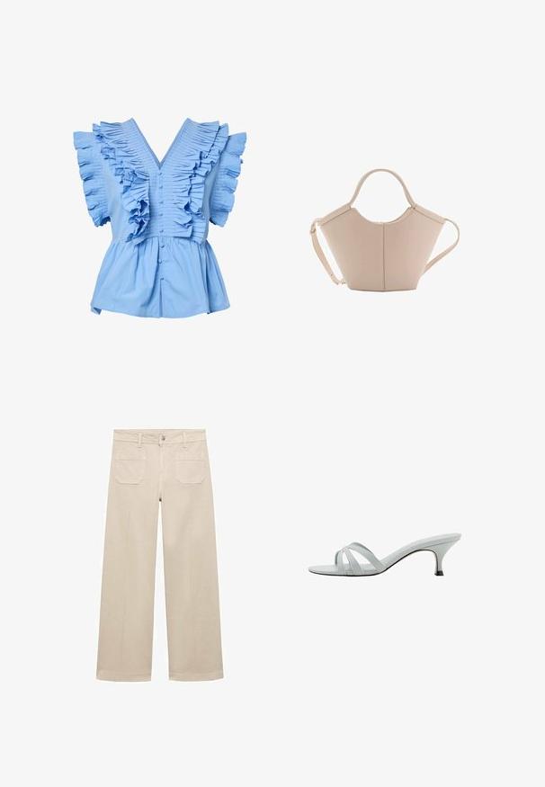 Svijetloplava kratki rukav bluzica s V-izrezom, prednjim gumbima, širokim nabranim volanima na ramenima i prsima, te skupljenim peplum strukom.; Bež hlače širokih nogavica od pamuka. Imaju zip zatvaranje, prednji gumb i dva džepa na stražnjoj strani. Čisti rub bez ukrasa.; Svijetlosive sandale s potpeticama i tri ukrštavajuće trake, vitkog profila i sužene pete. Glatka tekstura s blago sjajnim finishem.; Bež kožna torba jedinstvenog oblika, s dva kratka ručka i dugom podesivom trakom. Glatka tekstura s minimalnim metalnim dodacima.