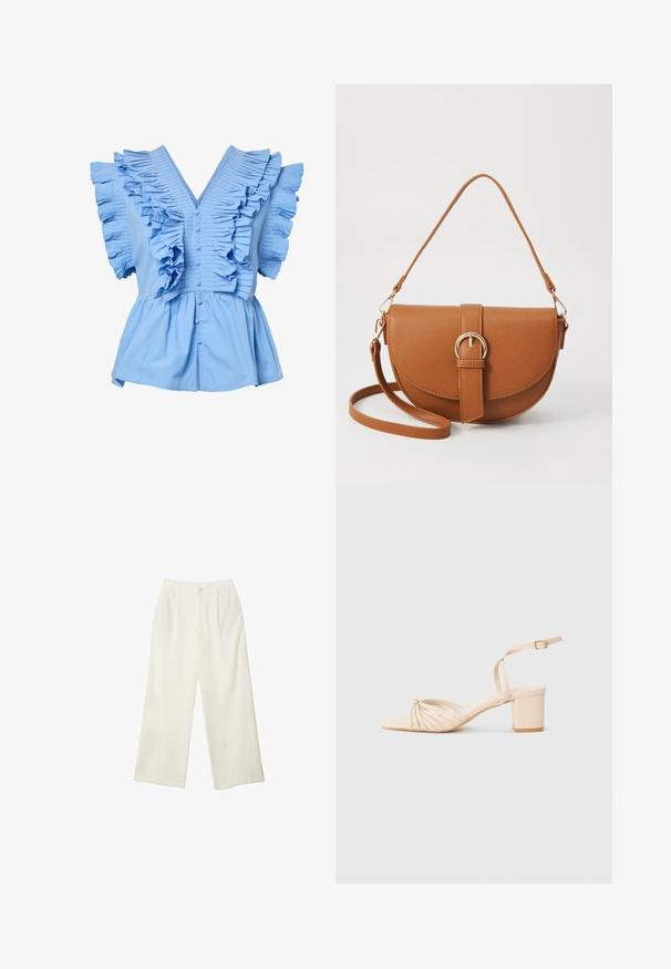 Jasnoniebieska bluzka z krótkim rękawem, z dekoltem w kształcie litery V, z guzikami z przodu, szerokimi plisowanymi falbanami na ramionach i klatce piersiowej oraz zgromadzonym pasem w talii.; Spodnie z szerokimi nogawkami w kremowej tkaninie o gładkiej fakturze, z pojedynczym guzikiem z przodu, subtelnymi plisami i wysokim stanem.; Beżowe sandały na obcasie z paskami, z kwadratowym noskiem, skręconym przodem, paskiem na kostce i słupkiem. Gładka tekstura, minimalistyczny styl.; Brązowa skórzana torba na ramię o zaokrąglonym kształcie, ze złotymi akcentami i zapięciem w formie klamry. Posiada odpinany pasek na ramię.