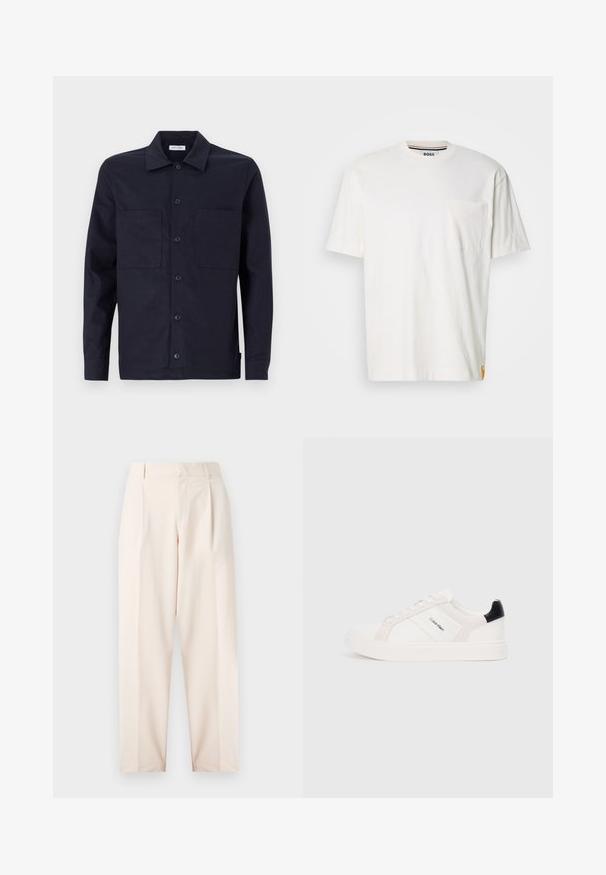 Mornarica košulja s dugim rukavima, klasičnim ovratnikom, dva prednja džepa i glatkom pamučnom teksturom.; Bijela pamučna majica s okruglim izrezom, kratkim rukavima i džepom na lijevoj strani prsnog koša. Sadrži malu oznaku s logotipom na bočnom šavu.; Bež hlače s visokim strukom, plitkim nabranim detaljima i ravnim nogavicama. Izrađene od glatkog materijala s bočnim džepovima i jednostavnim završetkom.; Bijele tenisice s svijetlo ružičastim i crnim naglascima, s glatkim kožnim i zamšenim panelima, okruglim vrhom i ravnim gumiranim potplatom.