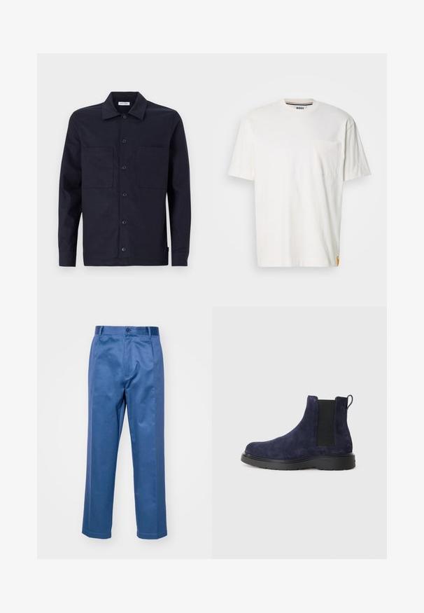 Navy button-up shirt with a classic collar, two front pockets, long sleeves, and a smooth cotton fabric texture.; White cotton t-shirt with a round neck, short sleeves, and a left chest pocket. Features a small logo tag on the side seam.; Blue trousers made of a smooth fabric, featuring a straight-leg design, a button closure, and subtle stitching details.; Navy suede Chelsea boot with elastic side panels and a pull tab. Black rubber sole with a textured finish for grip and durability.