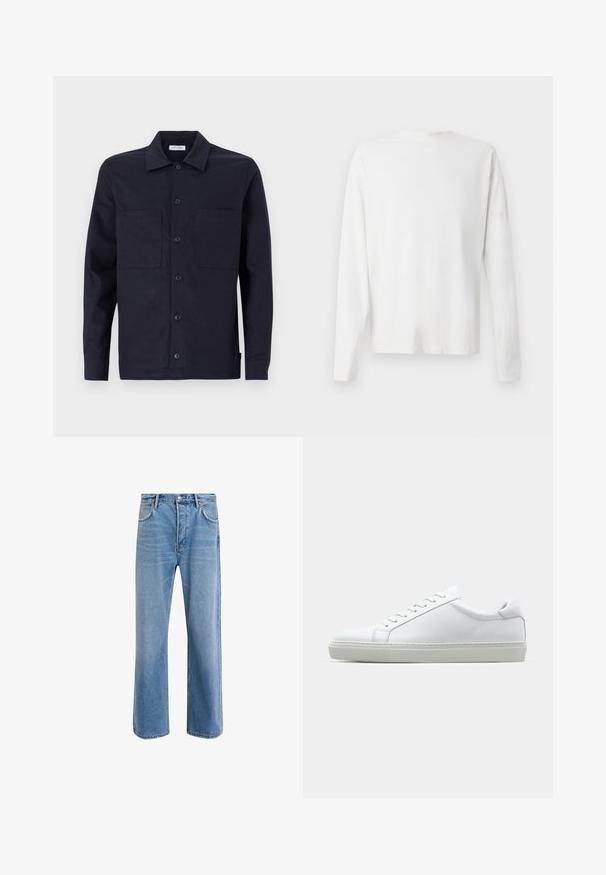 Mornarska srajca z gumbi, klasičnim ovratnikom, dvema sprednjima žepoma, dolgimi rokavi in gladko teksturo bombaža.; Bela bombažna srajca z dolgimi rokavi in okroglo ovratnikom, z bočnimi razporki na dnu in gladko teksturo, prikazana s hrbtne strani.; Svetlo modre denim kavbojke s ravno nogavico, petimi žepi, z gumbom za zapiranje, minimalnim zbledelostjo in kontrastnimi šivi.; Bela športna obutev z gladkim usnjenim zgornjim delom in nizkim profilom. Ima zaokrožen nos, šest lukenj za vezalke in teksturiran gumijast podplat.