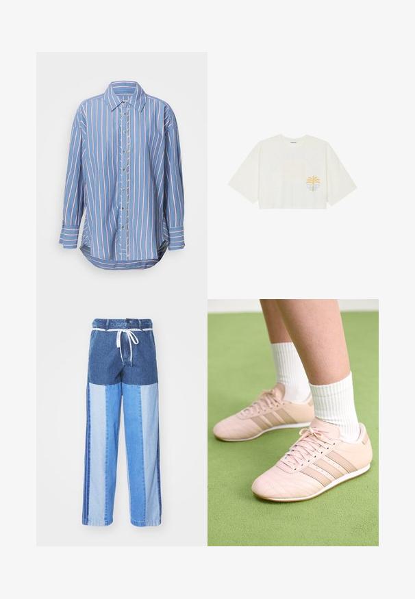 Camisa de botones a rayas azules con rayas verticales rojas y blancas, de mangas largas, cuello tipo polo y dobladillo curvado.; Camiseta blanca corta de algodón con mangas cortas, con un gráfico de palmera amarilla y ola azul en el lado izquierdo del pecho.; Pantalones de denim azul con un diseño de patchwork en diferentes tonos de azul, cintura con cordón y piernas sueltas de corte recto.; Zapatillas deportivas rosa claro con costuras diagonales, suelas blancas y tres rayas laterales. Llevadas con calcetines blancos con canalé sobre una superficie verde.
