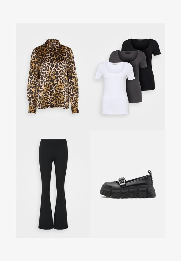 Løveprikket skjorte med lange ermer, knappelukking, med en blanding av svart, gull og kremfarger på glatt stoff.; Tre figurerte T-skjorter i hvit, grå og svart. Hver har en bred scoop-nakke og korte ermer. Laget av glatt, elastisk stoff.; Svarte flared bukser laget av elastisk stoff, med høy midje og en glatt tekstur. Buksene vidder ut fra kneet.; Sorte plattform loafers med avrundet tå, glatt lær-overside, justerbar spenne og teksturert gummisåle med horisontale riller.