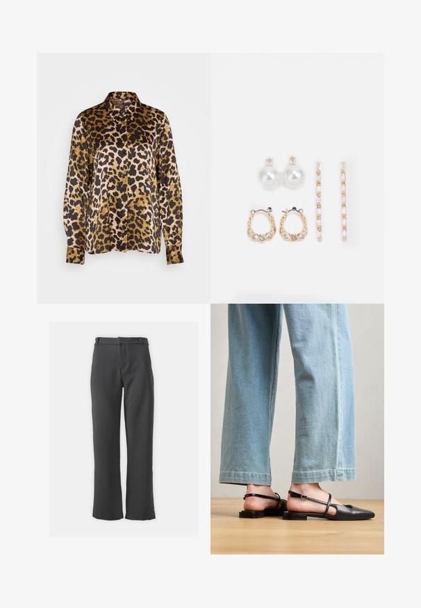 Cămașă cu imprimeu de leopard, cu mâneci lungi, design cu nasturi, featuring o combinație de culori negre, aurii și crem pe un material fin.; Pantaloni gri închis cu un design drept, având o textură netedă, cu bucle pentru curea și o deschidere frontală cu buzunare.; Pantofi slingback din piele neagră, cu vârf ascuțit, toc plat și curea la gleznă; purtați cu blugi cu picioare late, de culoare albastru deschis.; Trei perechi de cercei: cercei cu perle albe mari, cercei tip cerc din aur cu pietre clare și două cercei lungi, drepți, din aur cu detalii strălucitoare.