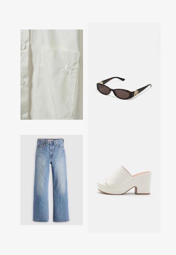 Witte button-up shirt met een zak aan de linkerkant van de borst, voorzien van een subtiel geborduurd logo in bijpassend witte draad. Glad, lichtgewicht stof.; Lichtblauwe denim wijde broek met hoge taille, vervaagde plekken, vijf zakken en contrasterende stiksels. Klassieke knoop- en ritssluiting.; Witte platform mules met een gladde afwerking, open teen ontwerp en een chunky hak. Kenmerkt zich door een subtiele bovennaad en een contrasterende zool.; Schildpadbril met langwerpige ovale lenzen, bruine tint, gouden logo-accenten op de pootjes en slanke zwarte armen.