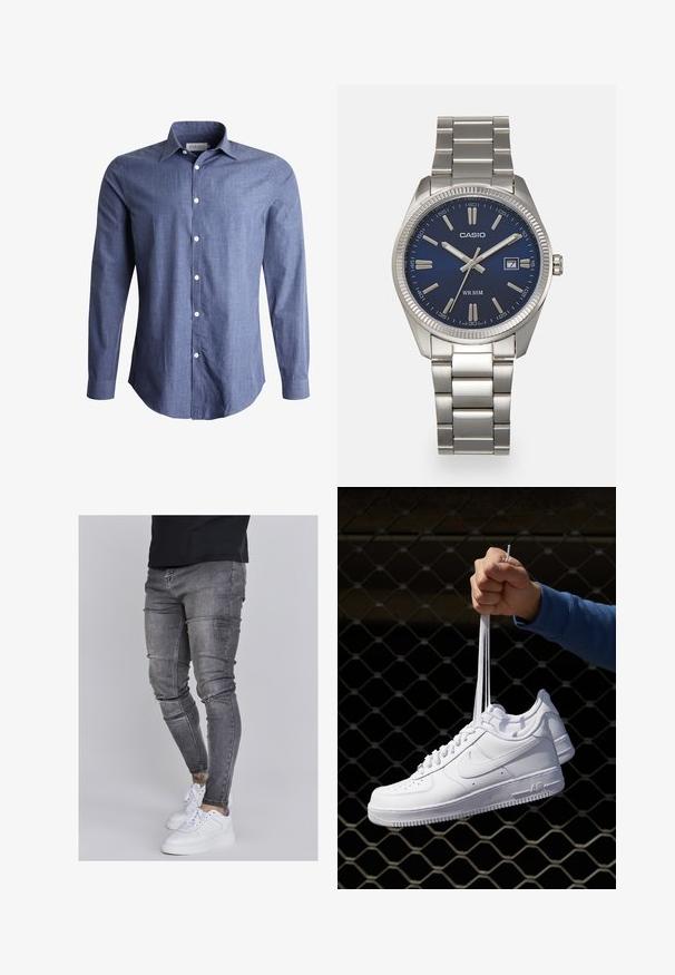 Plava košulja dugih rukava od lagane tkanine, s klasičnom kragnom, s prednjim zatvaranjem na dugmadi i bijelim gumbima. Glatka tekstura, svestran dizajn.; Uske mršave traperice u izblijedjelom sivoj boji, s iznošenim detaljima na koljenima, uparenim s bijelim tenisicama. Glatka tekstura, dizajn prilagođen tijelu.; Bijele kožne tenisice s perforacijama, okruglim vrhom, ravnim potplatom i debelim vezicama, s vidljivim swoosh logom i natpisom "AIR" na peti.; Srebrni sat od nehrđajućeg čelika s tamnoplavim brojčanikom, metalnim oznakama sati i prozorom za datum na 3 sata. Vodootporan do 50 metara.