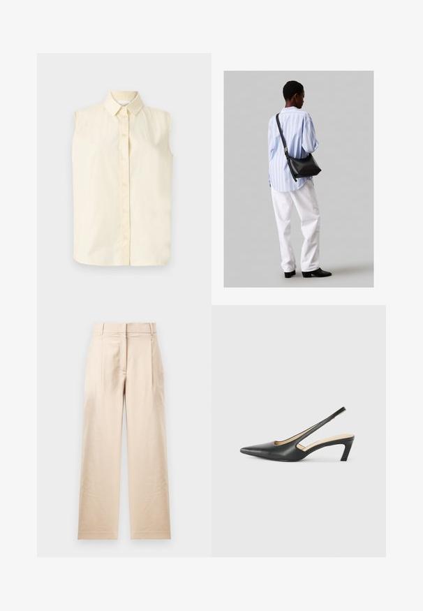 Kätseärtega nööpidega särk heleses värvitoonis, klassikalise krae ja viie esinäpuga, sileda ja tekstuuriga kanga viimistlusega.; Beežid püksid siledast kangast. Omavad sirget lõiget, lame esiosa ja kahte voldikut. Puuduvad nähtavad mustrid või riistvara.; Must mustaga, terav varvas, madala kontsaga sildiga king, mis on valmistatud siledast nahast ja mille küljel on lõike disain hingavuse tagamiseks.; Must have mustras alasi nahkpatsi, pehme tekstuuriga, kolmnurkse kujuga ja reguleeritava rihmaga, koos helesinise triibulise särgi ja valgete pükstega.