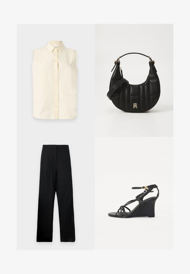 Chemise sans manches boutonnière de couleur jaune pâle, ornée d'un col classique et de cinq boutons sur le devant, avec une finition en tissu lisse et texturé.; Pantalons larges noirs en tissu léger. Présentent une texture lisse, une taille haute et des détails de couture minimaux.; Sandales en wedge noires avec de fines lanières croisées et une sangle de cheville réglable avec une boucle dorée. Finition en cuir lisse.; Sac à main en cuir noir avec une forme incurvée, texture matelassée et quincaillerie dorée. Dispose d'une bandoulière amovible et d'un détail de logo.