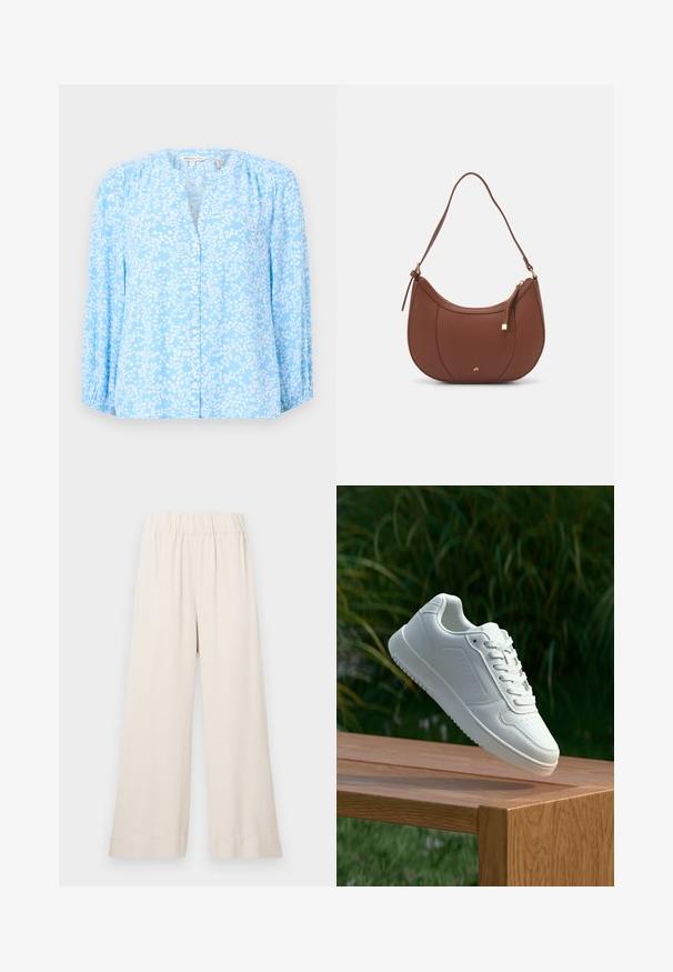 Jasnoniebieska bluzka z białym wzorem kwiatowym, długie rękawy, okrągły dekolt i zapinana na guziki. Miękka tkanina o delikatnej fakturze i marszczonych detalach.; Spodnie o szerokich nogawkach w jasnym beżowym kolorze, wykonane z miękkiego materiału, z elastycznym paskiem w talii i bez widocznych zapięć lub kieszeni.; Biały sneaker z gładką syntetyczną cholewą, perforowanym noskiem, płaskimi sznurowadłami i teksturowaną podeszwą, wyeksponowany na drewnianej powierzchni.; Brązowa torebka na ramię z eko-skóry o zaokrąglonym kształcie, z minimalnym przeszyciem i złotym akcentem na okuciach. Posiada zamek błyskawiczny u góry oraz regulowany pasek.