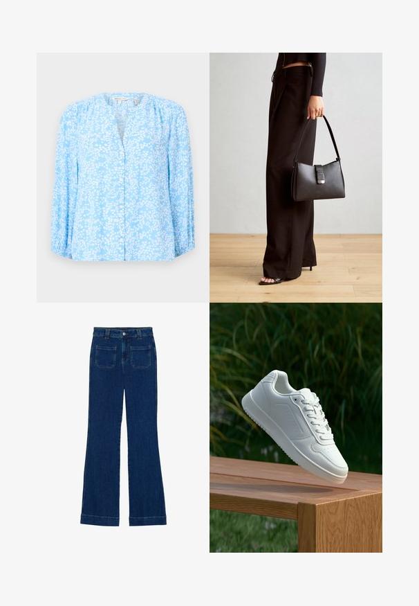 Hellbluse mit weißem Blumenmuster, langen Ärmeln, Rundhalsausschnitt und Knopfleiste. Weicher Stoff mit leichter Textur und raffinierten Details.; Dunkelblaue Denim-Jeans im Schlagstil mit glatter Textur, Fünf-Taschen-Design und einem Knopfverschluss an der Taille.; Weiße Sneaker mit einem glatten, synthetischen Obermaterial, perforierter Zehenbox, flachen Schnürsenkeln und einer strukturierten Sohle, präsentiert auf einer Holzoberfläche.; Schwarze Handtasche mit strukturierter Form, glatter Textur und einem metallischen Verschluss. Kombiniert mit weiten schwarzen Hosen und offenen Sandalen auf einem Holzboden.