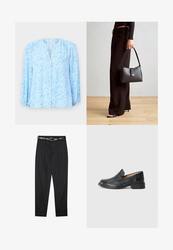 Lichtblauwe blouse met wit bloemenpatroon, lange mouwen, ronde hals en knoopsluiting aan de voorkant. Zachte stof met een lichte textuur en verzamelde details.; Zwarte broeken van een gladde stof, met een aansluitende tailleband en een gestructureerde grijze riem met een gouden gesp. Licht taps toelopende broekspijpen.; Zwarte leren instapper met een lage hak, met een gestikt ontwerp en slip-on stijl, tegen een effen witte achtergrond.; Zwarte handtas met gestructureerde vorm, gladde textuur en een metalen sluiting. Gecombineerd met brede zwarte broeken en sandalen met open teen op een houten vloer.