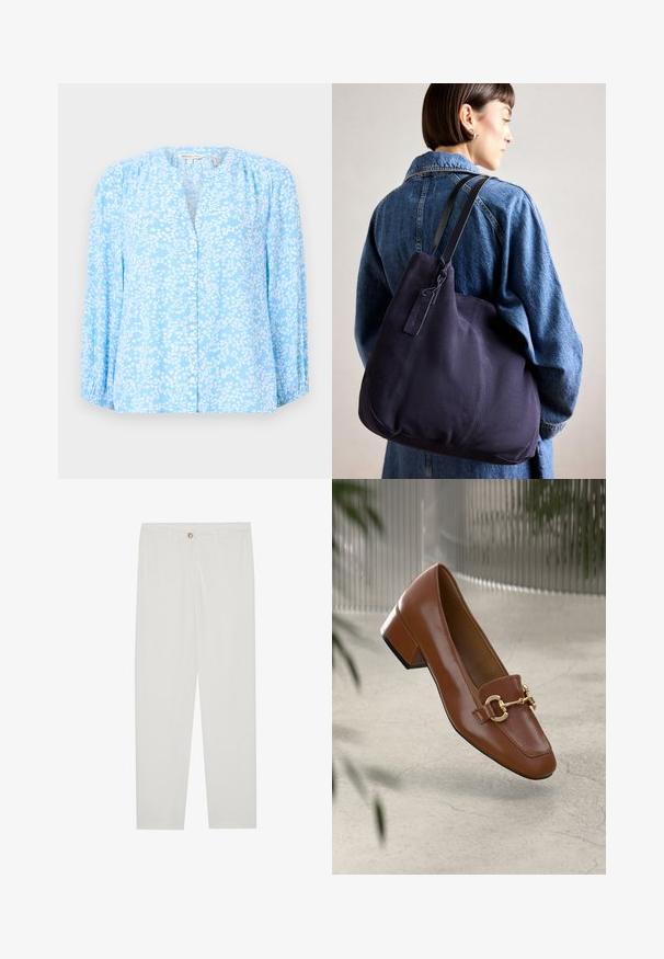 Ljusblå blus med vitt blommönster, långa ärmar, rund hals och knäppning framtill. Mjuk tyg med lätt struktur och invikningar.; Vita, skräddarsydda byxor med rak benform, med knappstängning, bältesslingor och sidofickor; mjuk tygtextur.; Brun lackläder loafer med fyrkantig tå, metallkedja som accent och låg blockklack; slät textur, minimalistisk design.; Marinblå kanvas axelväska med en mjuk, strukturerad form, med en svart rem, stickade detaljer och en liten varumärkeslapp.