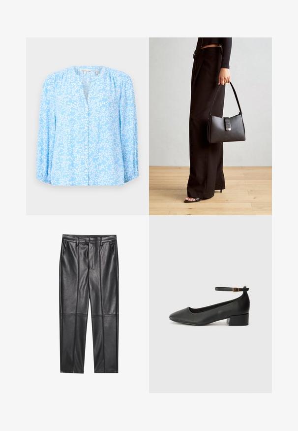 Jasnoniebieska bluzka z białym wzorem kwiatowym, długie rękawy, okrągły dekolt i zapinana na guziki. Miękka tkanina o delikatnej fakturze i marszczonych detalach.; Czarne skórzane spodnie o gładkiej fakturze, z prostym krojem, dwoma przednimi kieszeniami i widocznymi szwami.; Czarne skórzane szpilki z ostrym noskiem i niskim słupkowym obcasem. Wyposażone w pasek na kostkę z złotym zapięciem. Gładka tekstura.; Czarna torebka o usztywnionym kształcie, gładkiej fakturze i metalowym zapięciem. Połączona z szerokimi czarnymi spodniami i sandałami na otwartym palcu na drewnianej podłodze.