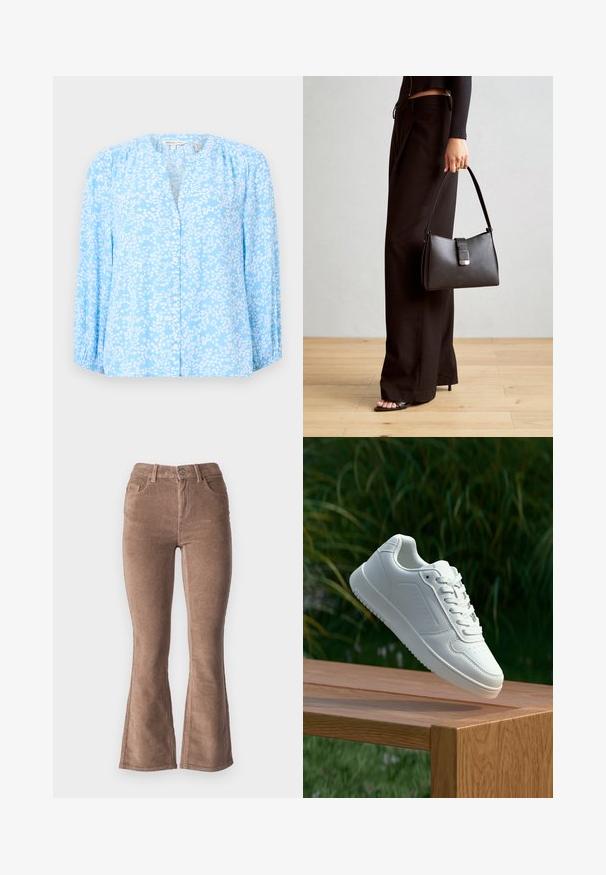 Blouse bleu clair avec motif floral blanc, manches longues, col rond et devant boutonné. Tissu doux avec une légère texture et des détails froncés.; Pantalons évasés en velours côtelé marron avec une texture côtelée, présentant une taille haute, cinq poches et une fermeture à bouton à l'avant.; Sneakers blanches avec une tige synthétique lisse, un avant perforé, des lacets plats et une semelle texturée, présentées sur une surface en bois.; Sac à main noir à la forme structurée, texture lisse et fermoir métallique. Associé à un pantalon noir ample et des sandales ouvertes sur un sol en bois.