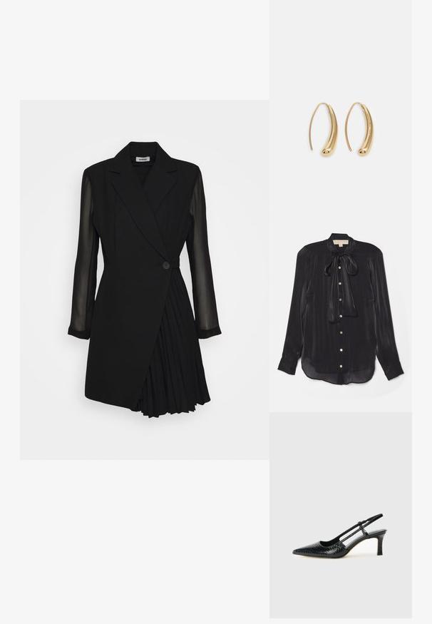 Czarna bluzka z długim rękawem, wykonana z jedwabistego materiału, z wiązanym dekoltem, złotymi guzikami i lekko zaokrąglonym dołem. Gładka tekstura z subtelnym połyskiem.; Czarna dopasowana sukienka z żakietowym górnym krojem, przezroczystymi długimi rękawami, zapięciem na jeden guzik oraz plisowanym detalem spódnicy.; Czarne lakierowane czółenka na obcasie typu slingback z wąskim noskiem, z teksturowanym wzorem wężowym, regulowanym paskiem oraz krótkim, teksturowanym obcasem w kształcie słupka.; Czarna skórzana torba na ramię z dwoma przednimi kieszeniami, złotymi klamrami, zamkiem błyskawicznym i cienkim paskiem. Teksturowana powierzchnia i kompaktowy prostokątny kształt.; Złote metalowe kolczyki w kształcie obręczy o zakrzywionym, wydłużonym kształcie. Posiadają gładką, błyszczącą powierzchnię oraz zaokrąglony koniec dla dodatkowego efektu.