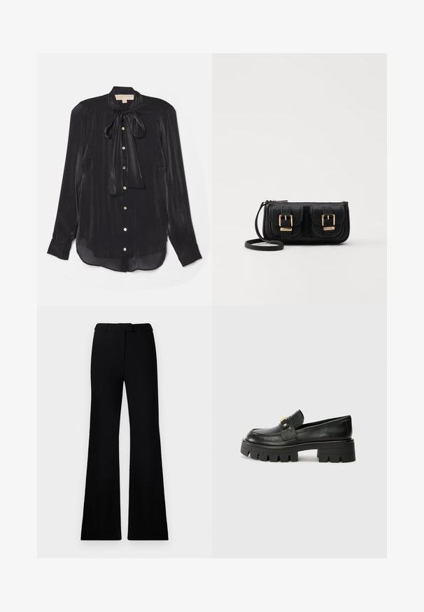 Schwarze Langarmbluse aus seidig glänzendem Stoff mit gebundenem Ausschnitt, goldenen Knöpfen und einem leicht abgerundeten Saum. Sanfte Textur mit subtiler Lichtreflexion.; Schwarze ausgestellte Hose mit einer glatten Textur, tailliertem Bund und Fronttaschen, entworfen mit einer eleganten, modernen Silhouette.; Schwarze Lederloafers mit einer klobigen Sohle, die an der Vorderseite ein goldfarbenes Akzent und eine glatte Oberfläche aufweisen. Klobiges Profil-Design auf der Sohle.; Schwarze Leder-Umhängetasche mit zwei vorderen Taschen, goldenen Schnallen, Reißverschluss und einem schmalen Tragegurt. Texturierte Oberfläche und kompakte rechteckige Form.