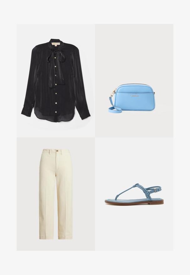 Črna bluzica z dolgimi rokavi, izdelana iz svilnate tkanine, s povezanim ovratnikom, zlatimi gumbi in rahlo ukrivljenim robom. Gladka tekstura z subtilnim sijajem.; Bež hlače iz bombaža, ravnega kroja, z enim gumbom za zapiranje in vidnimi sprednjimi pregibi. Čist rob in brez vzorca.; Modra usnjena japanka z ravnim podplatom, ki ima ozko naramnico in zaponko okoli gležnja za varno prileganje.; Svetlo modra usnjena torba čez ramo z zlatimi dodatki, zadrgo in sprednjo žepko. Ima nastavljiv trak za udobje.