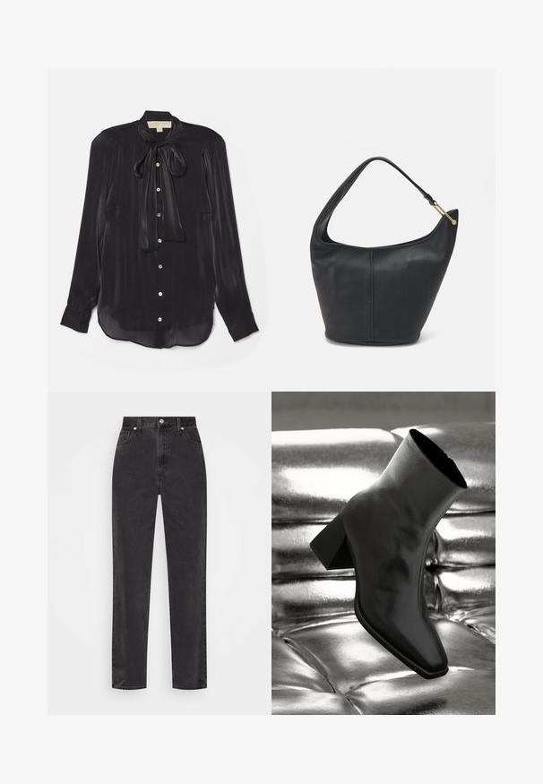 Czarna bluzka z długim rękawem, wykonana z jedwabistego materiału, z wiązanym dekoltem, złotymi guzikami i lekko zaokrąglonym dołem. Gładka tekstura z subtelnym połyskiem.; Czarne dżinsy o prostych nogawkach z wysokim stanem, z przodem zapinanym na guzik i zamek, oraz pięcioma kieszeniami na białym tle.; Czarne botki za kostkę wykonane z błyszczącego materiału, z kwadratowym noskiem i zwężającym się obcasem, na tle błyszczącego srebrnego tapicerowanego tła.; Czarna skórzana torebka o okrągłym kształcie, z szerokim paskiem i teksturowanym wykończeniem. Posiada subtelny detal szwu i akcenty w odcieniu złota.