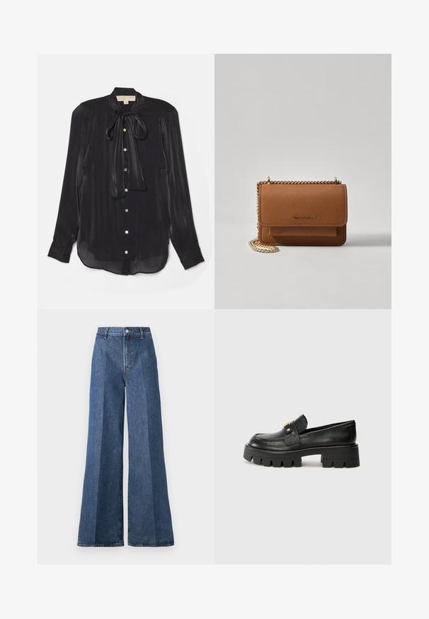 Fekete, hosszú ujjú blúz selymes anyagból, megkötős nyakkal, arany gombokkal és enyhén ívelt hemvel. Simaság, diszkrét fényességgel.; Nagyméretű kék farmernadrág magas derékkal, klasszikus öt zsebes stílussal és gombos záródással, struktúrált pamutszövetből készült.; Fekete bőr loaferek masszív talppal, elöl arany színű díszítéssel és sima felülettel. A talpon vastag mintázat található.; Barna textúrájú bőr keresztbody táska arany lánc pánttal és fedélzárral. Az elején logó részlet és egy zseb található a fedél alatt.