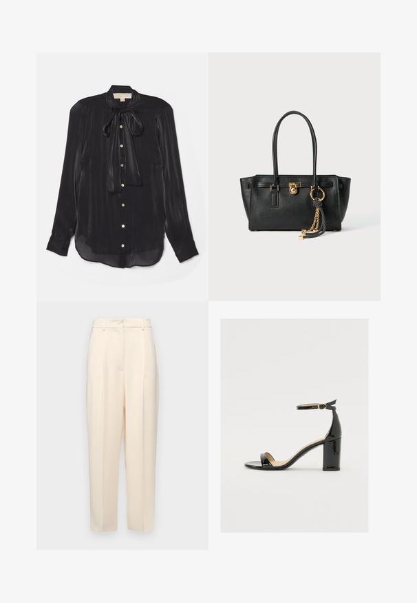 Schwarze Langarmbluse aus seidig glänzendem Stoff mit gebundenem Ausschnitt, goldenen Knöpfen und einem leicht abgerundeten Saum. Sanfte Textur mit subtiler Lichtreflexion.; Beige maßgeschneiderte Hose mit geradem Schnitt, mit Falten an der Vorderseite, einer glatten Textur und einer mittelhohen Taille. Keine sichtbaren Taschen.; Schwarze Lackleder-Sandalette mit weitem Absatz, offener Zehenpartie und Knöchelriemen mit goldener Schnalle. Glatte Textur und elegantes Design.; Schwarze Lederhandtasche mit doppelten Griffen, goldfarbener Verschluss- und Kettendetails sowie einem schwarz-weißen Quastenaccessoire vor weißem Hintergrund.