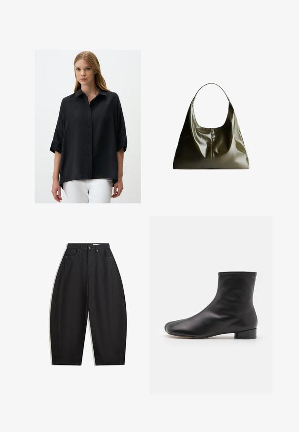 Zwarte, losvallende shirt met een kraag, knoopsluiting aan de voorkant en korte opgerolde mouwen. Een zachte textuur; langere achterzoom. Te combineren met witte broek.; Zwarte wijde broek gemaakt van katoen, met een hoge taille, vijf zakken en metalen knoopsluiting. Gladde textuur en geen zichtbare patronen.; MM6 Maison Margiela BOOT - Korte laarzen - black; Olijfgroene leren schoudertas met een gladde, glanzende afwerking. Beschikt over een afgeronde bovenkant en een zachte, hangende vorm. Minimalistisch design.